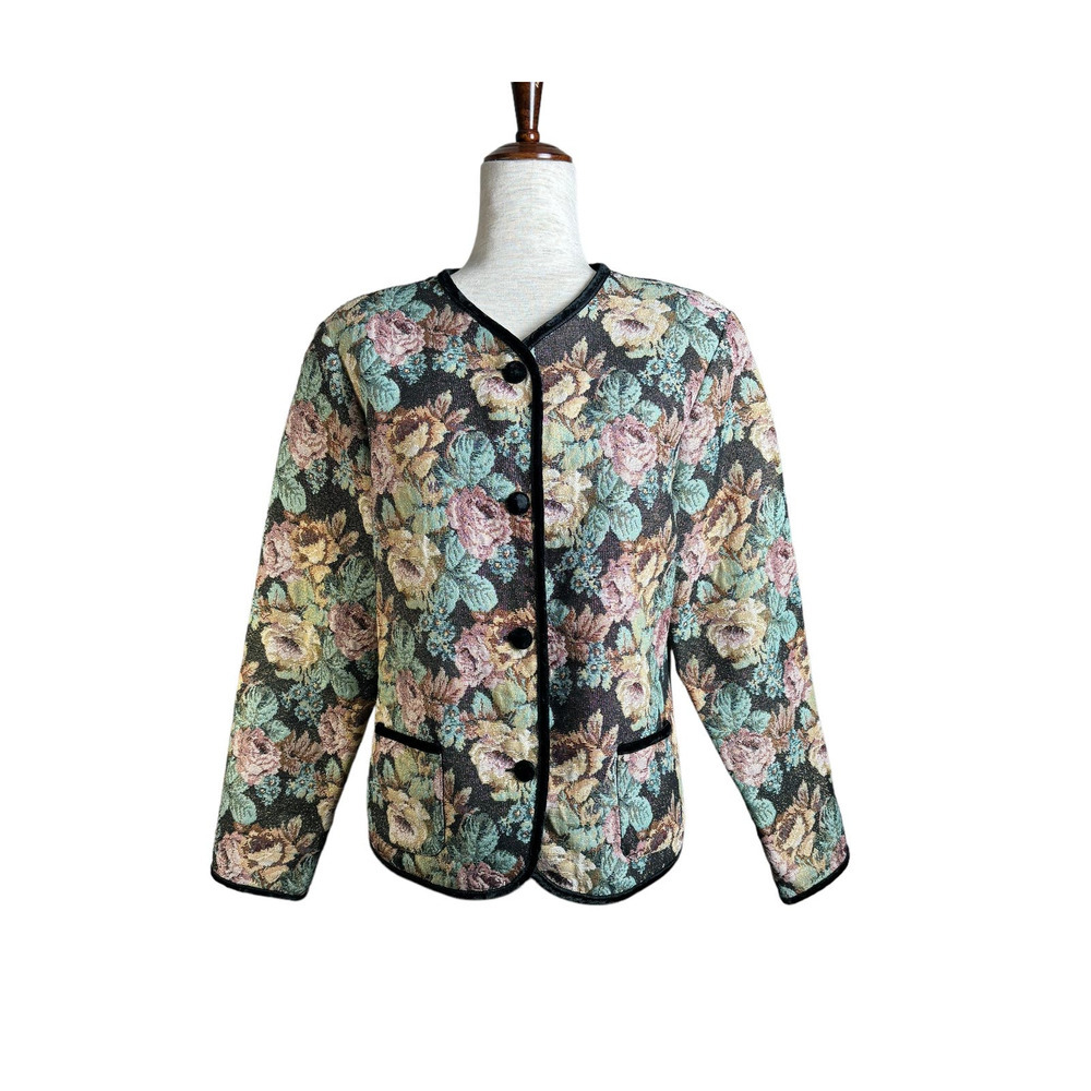 Susan Graver Multicolor Floral Tapestry Velvet Trim Blazer Jacket Size Large